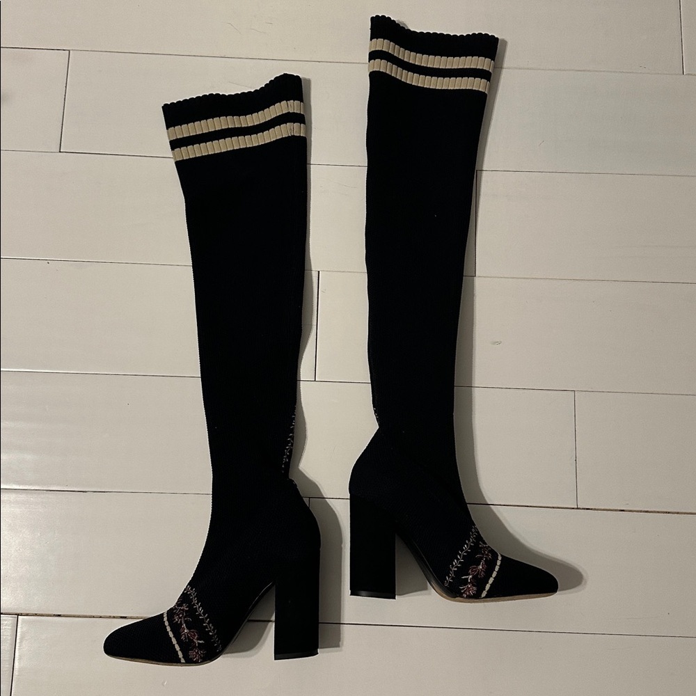 Tabitha Simmons Irina Stripe Knit Stretch Thigh High Heeled Boots Black Size 37 - Picture 4 of 9